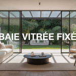 baie vitrée fixe panoramique sur jardin dans salon contemporain