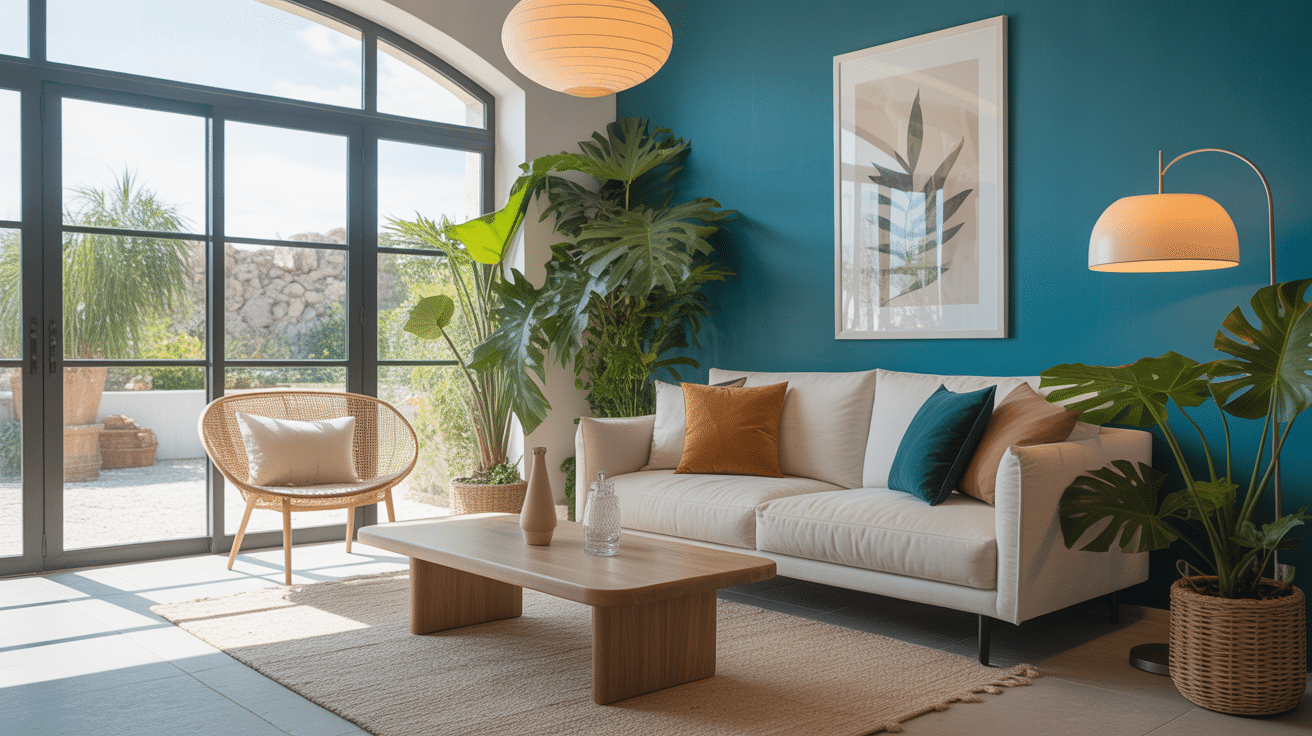Salon moderne mur bleu pétrole peinture avec canapé beige