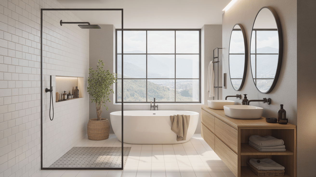 Salle de bain avec fenetre douche grande et lumineuse