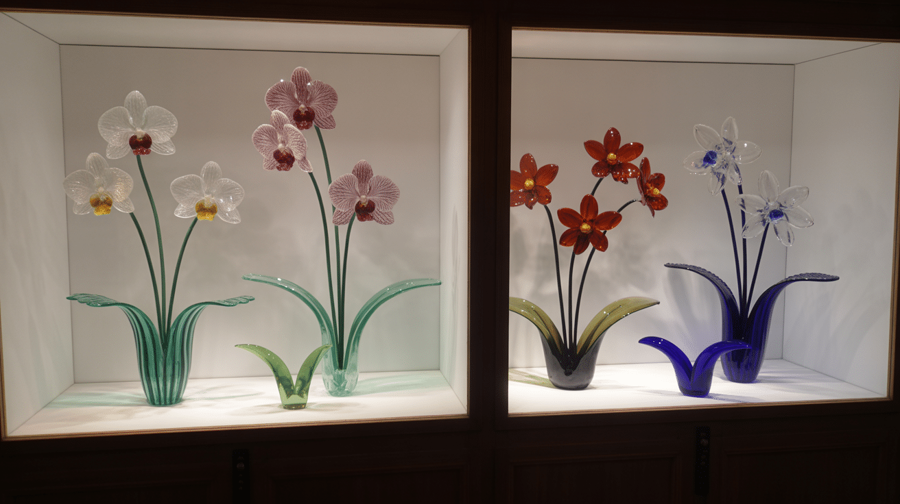 Vitrine de fleurs de verre de styles différents