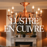 lustre en cuivre suspendu dans salon chaleureux