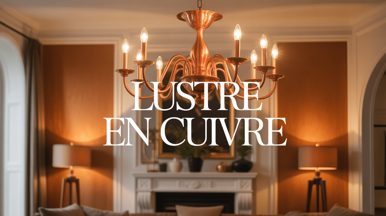 lustre en cuivre suspendu dans salon chaleureux