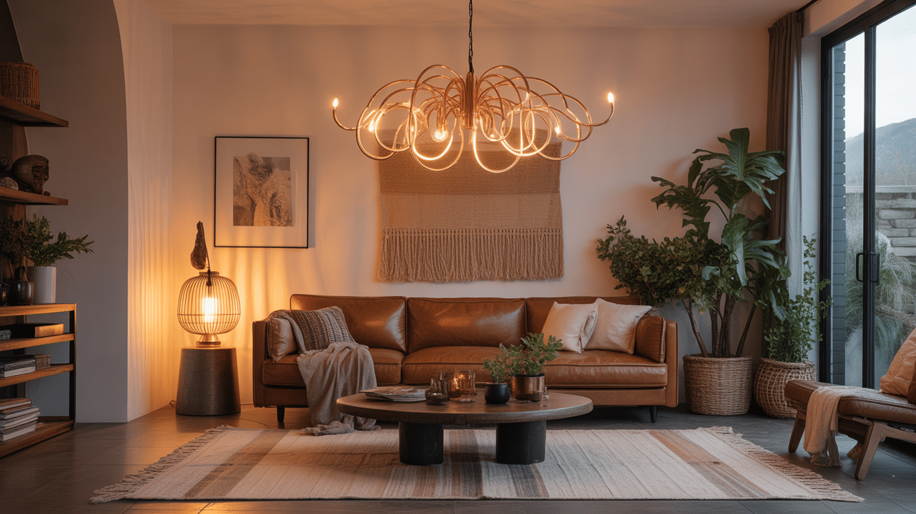 lustre en cuivre moderne dans salon cosy