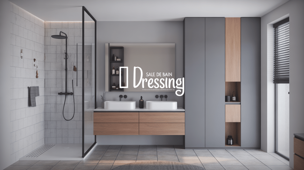 Vue d'ensemble salle de bain dressing moderne