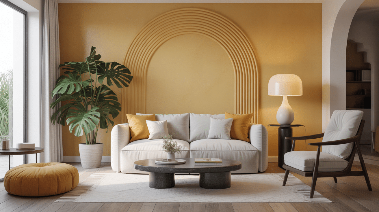 Salon moderne mur accent jaune pale