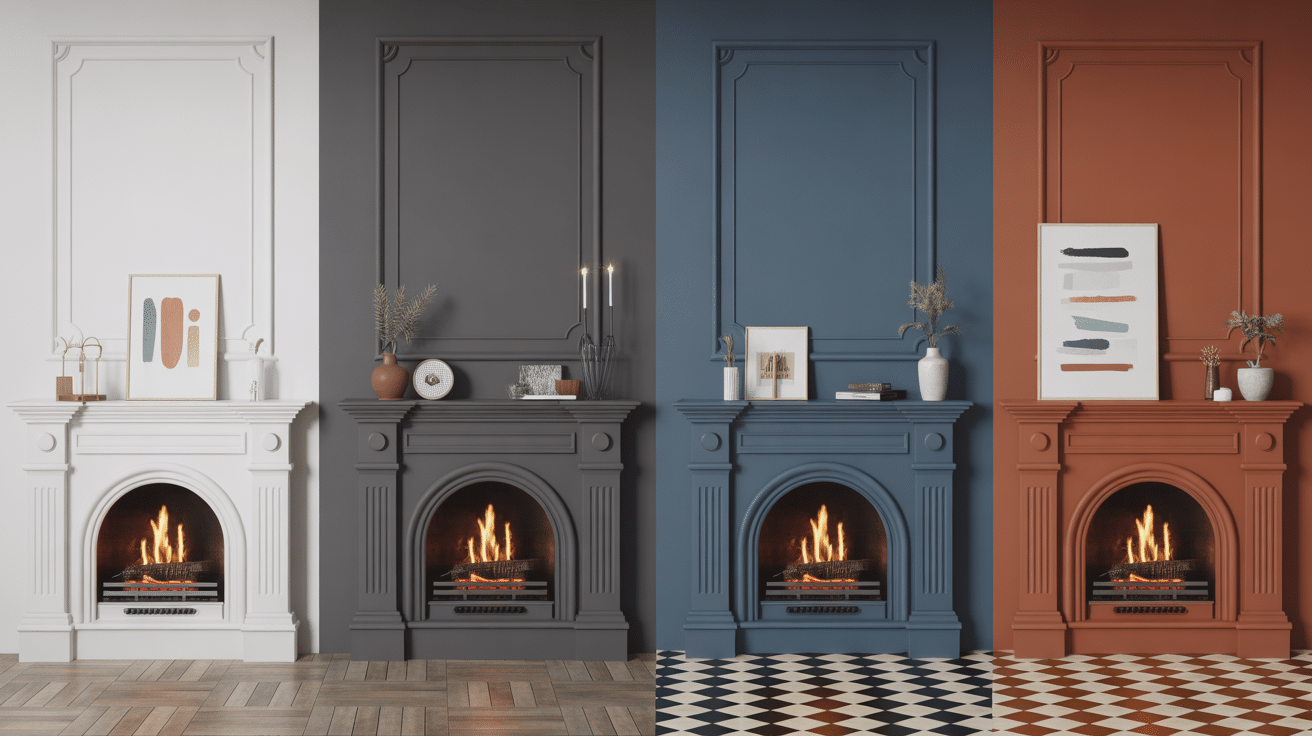 Mosaïque cheminées peintes, blanc, gris, bleu, terracotta