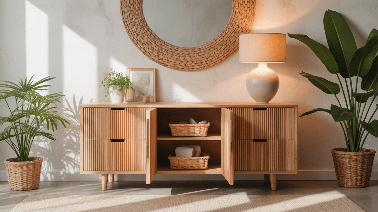 Commode tarva bois naturel tiroirs ouverts