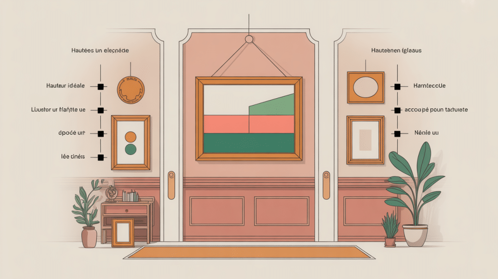 a quelle hauteur accrocher un tableau, illustration mur avec cadres alignés