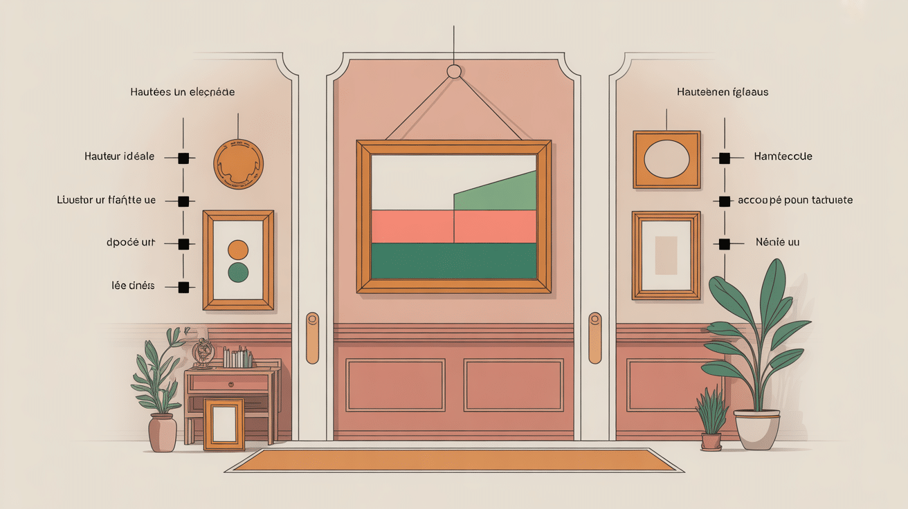 a quelle hauteur accrocher un tableau, illustration mur avec cadres alignés