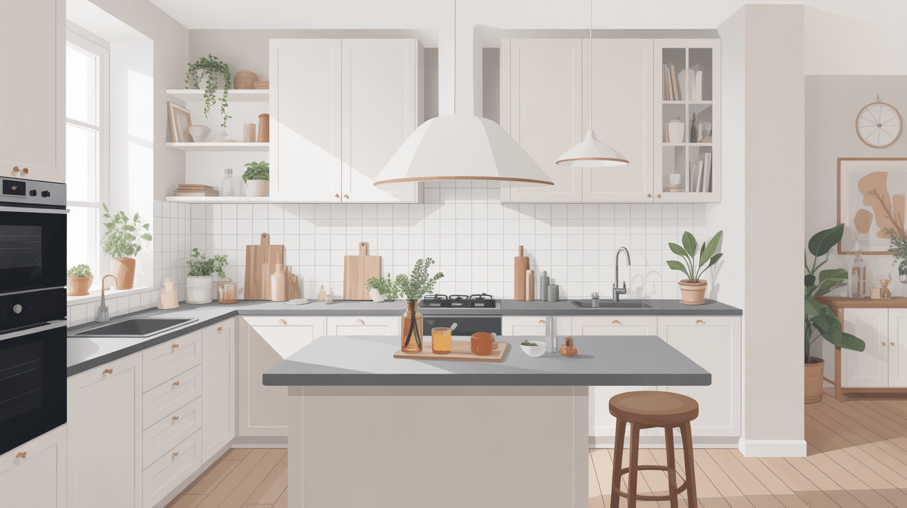 cuisine blanche plan de travail gris moderne et lumineuse