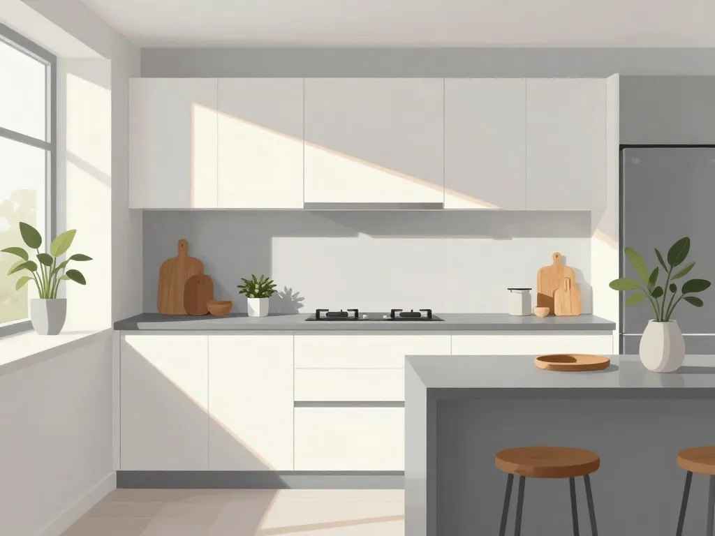 harmonie cuisine blanche plan de travail gris éclairée