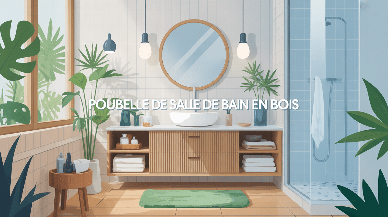 poubelle de salle de bain en bois élégante au centre d'une salle de bain zen