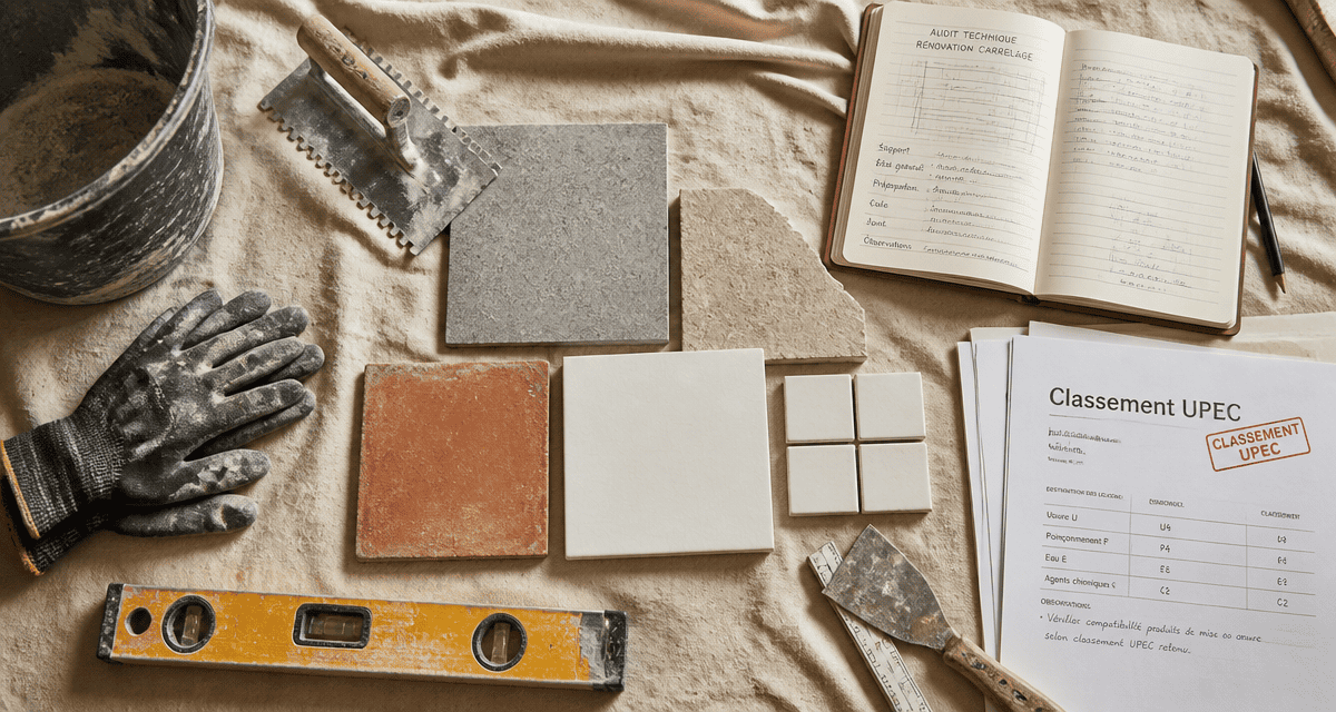 Carreleur préparant une rénovation, plan de travail carrelage