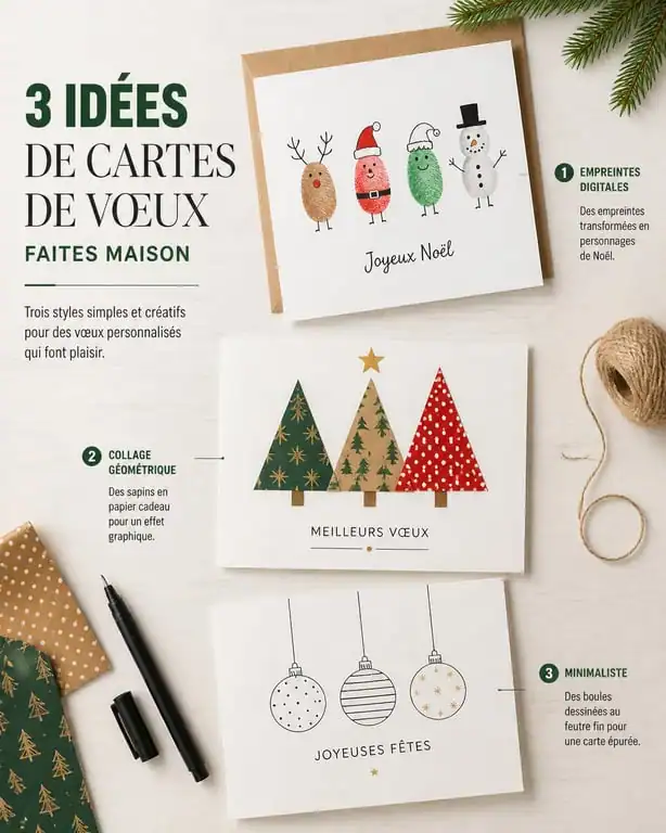 Exemples de carte de voeux maison facile : empreintes digitales, collage géométrique et dessin minimaliste
