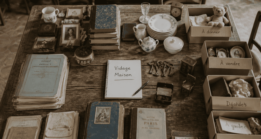 Vidage maison, tri objets sur table ancienne
