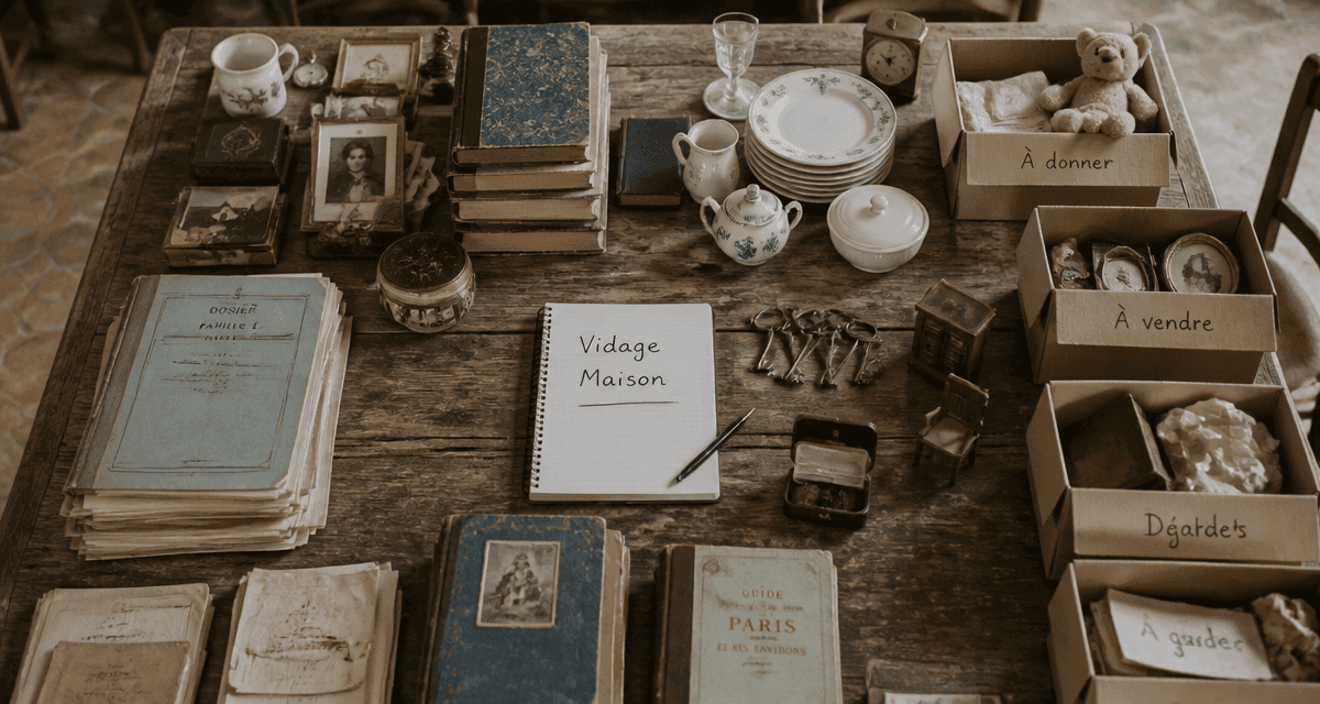 Vidage maison, tri objets sur table ancienne