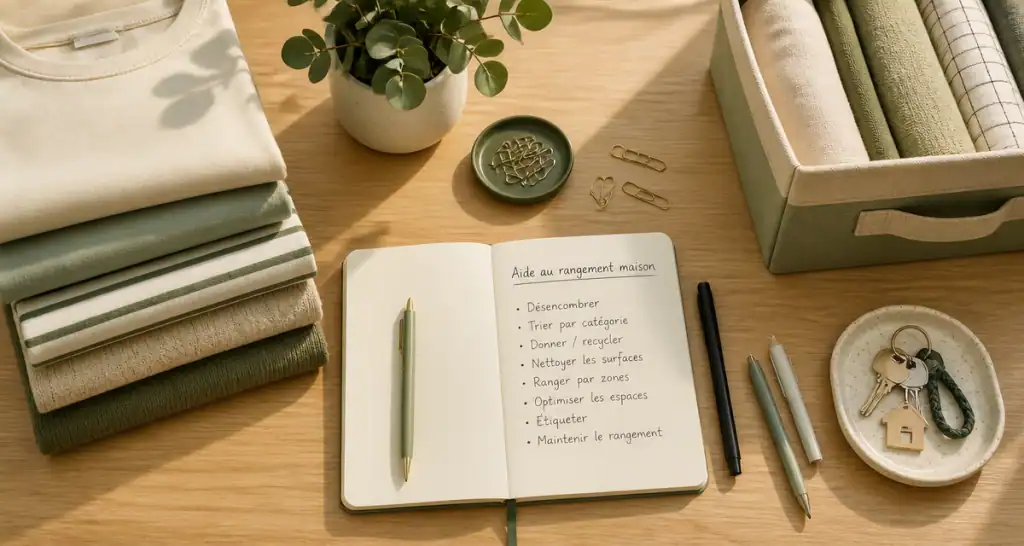 aide rangement maison table organisée vêtements carnet