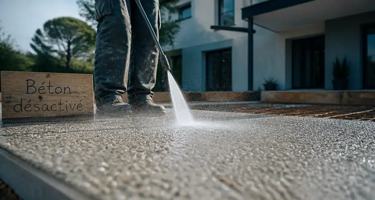 Béton desactivé terrasse : dalle lavée, gravillons visibles