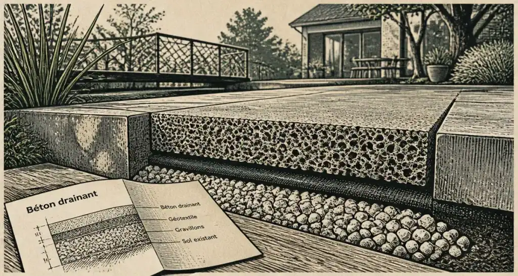 Béton drainant pour allée sans flaques, coupe au sol