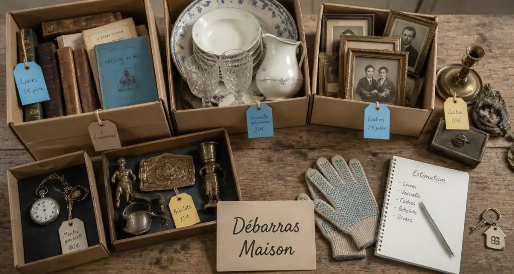 debarras maison table cartons objets anciens