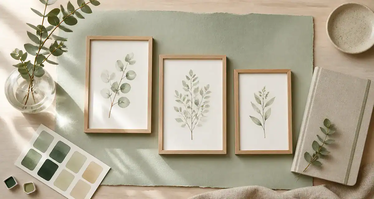 décoration murale vert sauge avec cadres et palette couleur