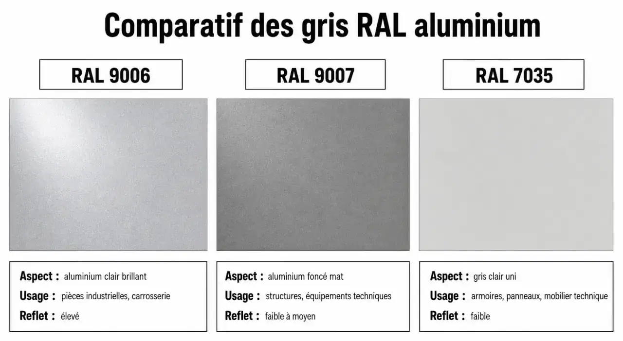 Comparatif visuel des teintes RAL 9006 gris aluminium, RAL 9007 et RAL 7035 pour aider au choix de la peinture.