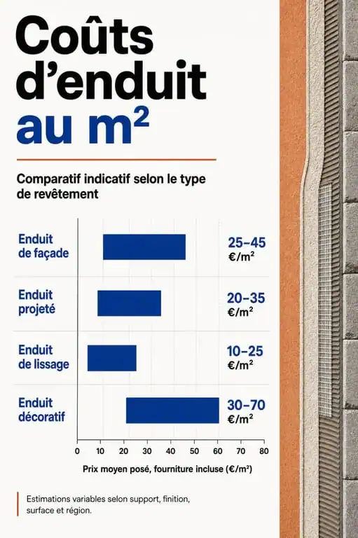 Tableau comparatif des prix moyens au m2 pour différents types d'enduits de façade et d'intérieur