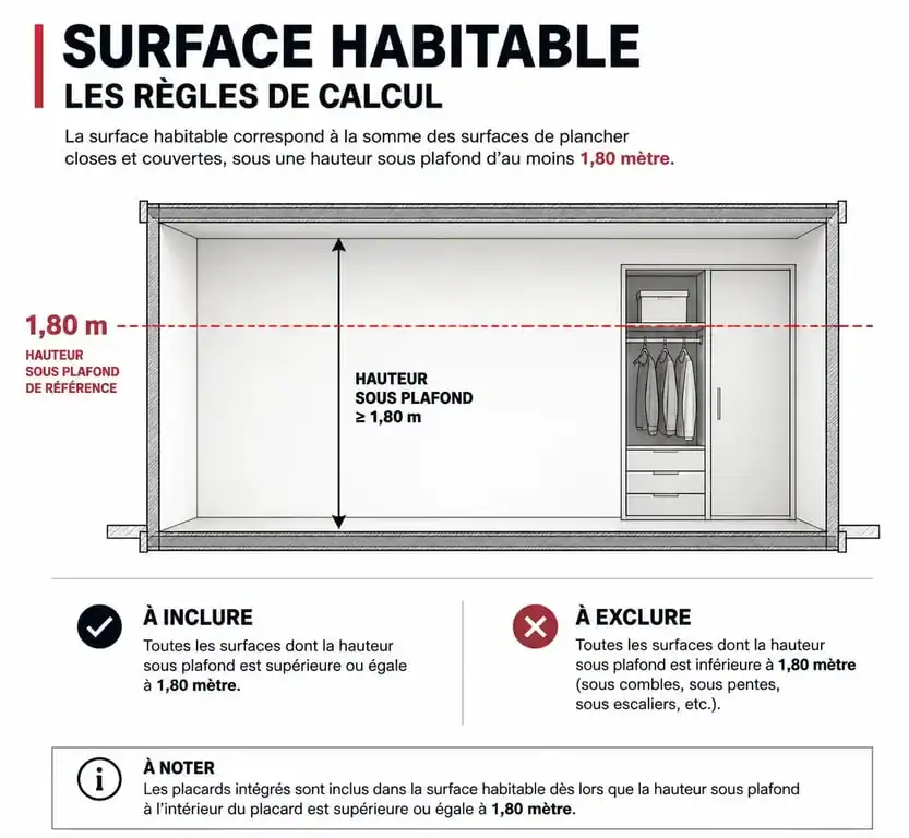 Schéma explicatif des règles de calcul de la surface habitable et des placards intégrés selon la loi Boutin