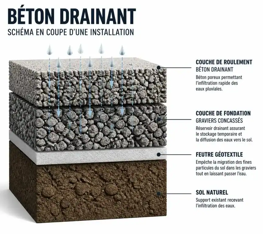 Schéma technique en coupe d'une installation de béton drainant avec ses différentes couches