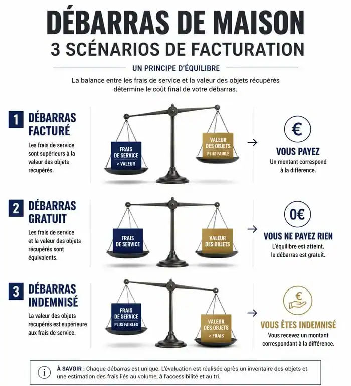 Infographie des trois types de facturation pour un débarras de maison : facturé, gratuit ou indemnisé.