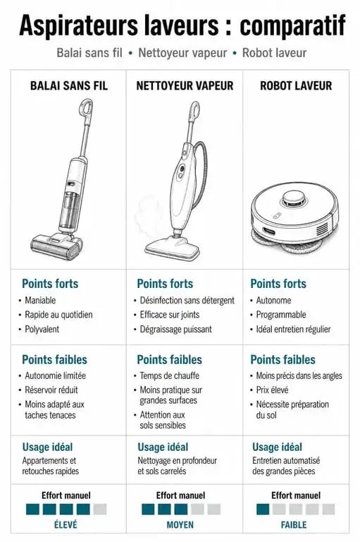 Infographie comparative des types d'aspirateurs laveurs : balai, vapeur et robot pour choisir le meilleur aspirateur laveur.