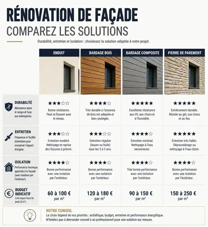 Comparatif des solutions pour rénover ou embellir sa façade : enduit, bardage et pierre de parement