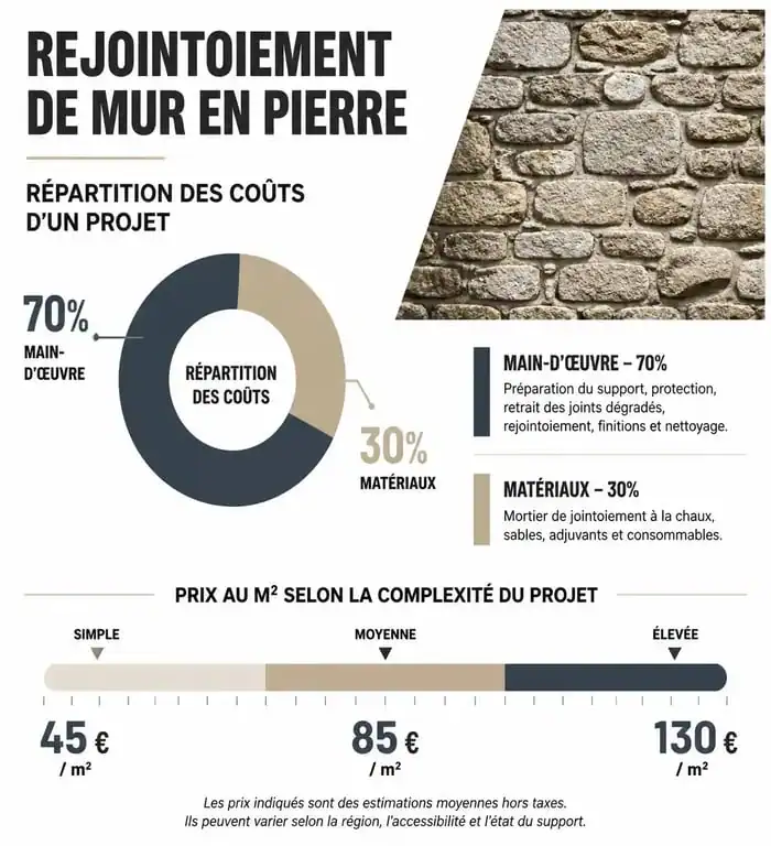 Infographie des prix au m2 pour le rejointoiement de mur en pierre et répartition des coûts