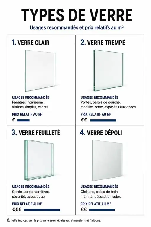 Infographie comparative des prix et usages du verre au m2 chez Leroy Merlin