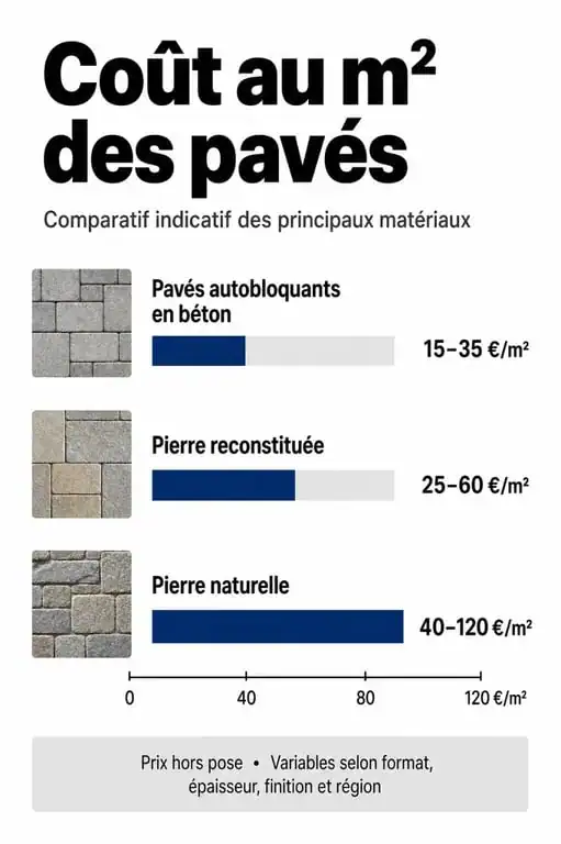 Comparatif des prix au m2 pour la pose de pavés : béton, pierre naturelle et pierre reconstituée
