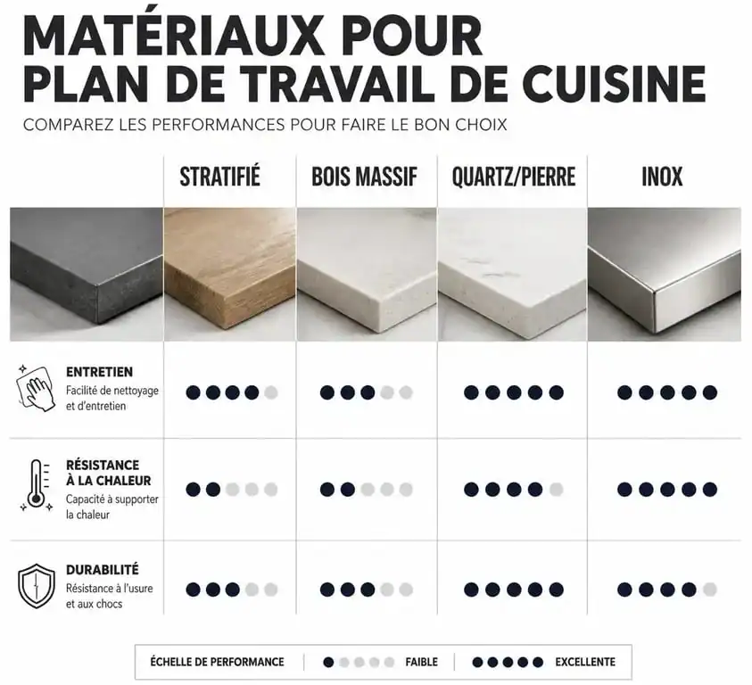 Comparatif des matériaux pour plan de travail 80 cm de profondeur : stratifié, bois massif, quartz et inox