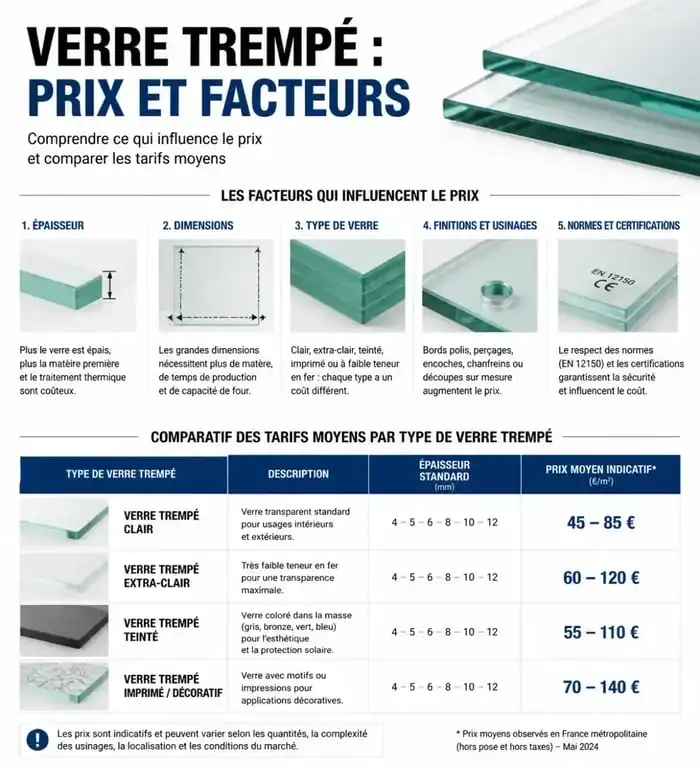 Infographie récapitulative des prix du verre trempé et facteurs de coût