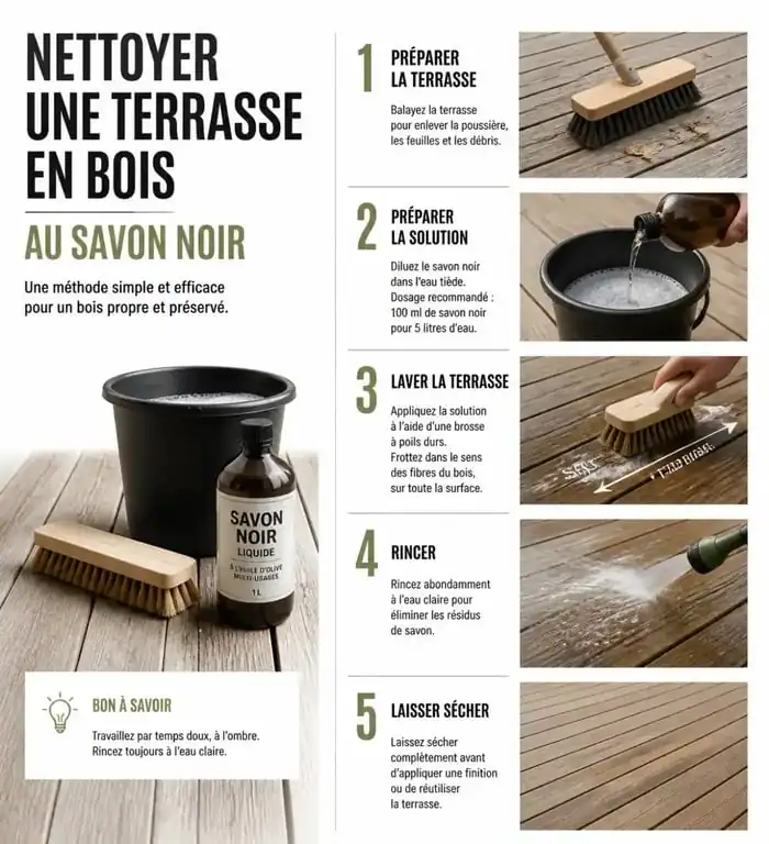 Nettoyage terrasse bois savon noir : étapes du brossage des lames