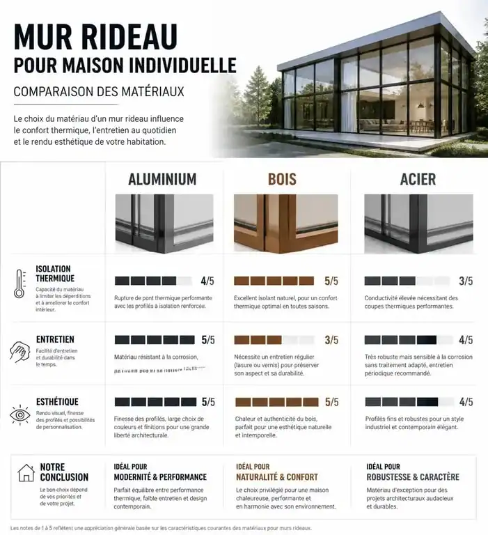 Comparatif des matériaux pour maison mur rideau : aluminium, bois et acier.