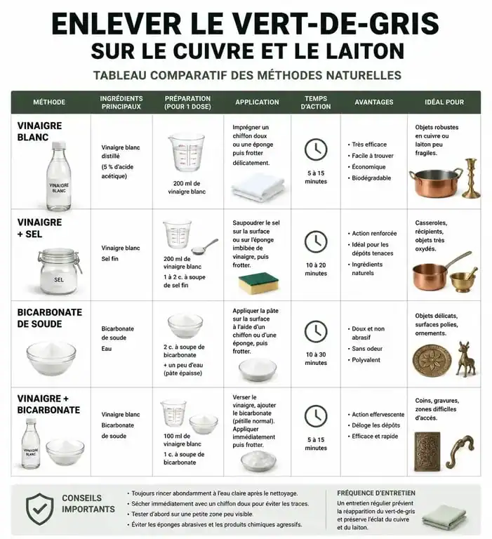 Infographie des méthodes pour enlever le vert de gris sur le cuivre et le laiton