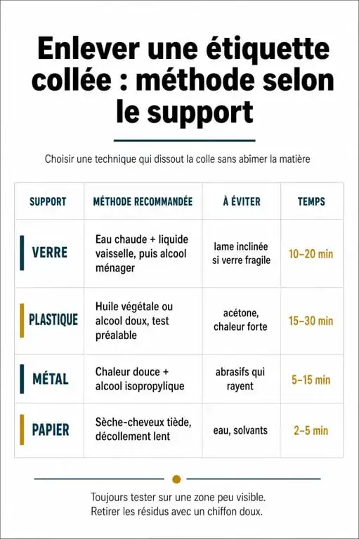 Infographie des méthodes efficaces pour enlever une étiquette collée sur différents supports