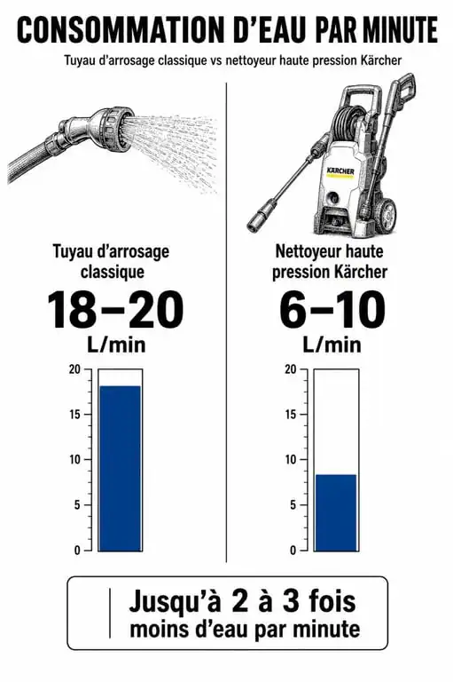Comparaison de la consommation d'eau entre un nettoyeur haute pression Kärcher et un tuyau d'arrosage classique