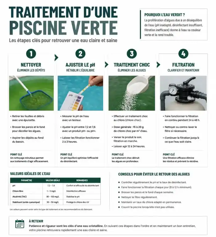 Infographie des étapes de traitement pour une piscine à l'eau verte avec produit miracle et équilibre chimique