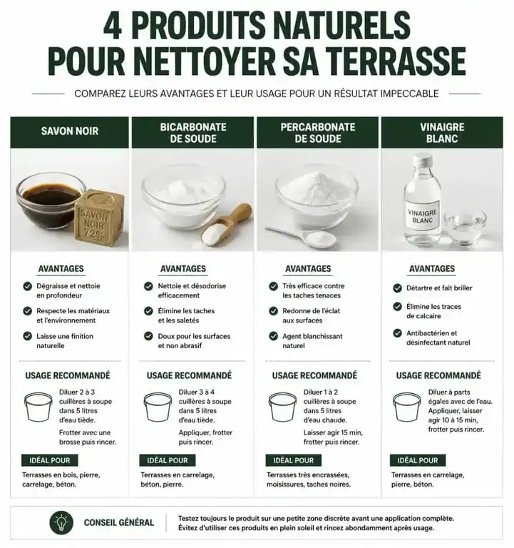Tableau comparatif des produits naturels pour le nettoyage de dalles de terrasse sans javel