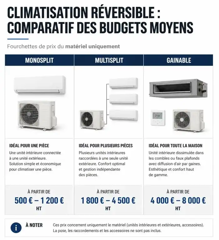 Comparatif des prix moyens pour l'installation d'une climatisation réversible monosplit, multisplit et gainable