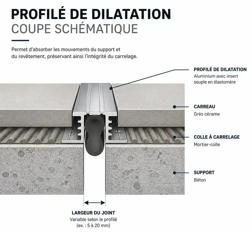 Schéma technique de pose d'un joint de dilatation carrelage pour prévenir les fissures