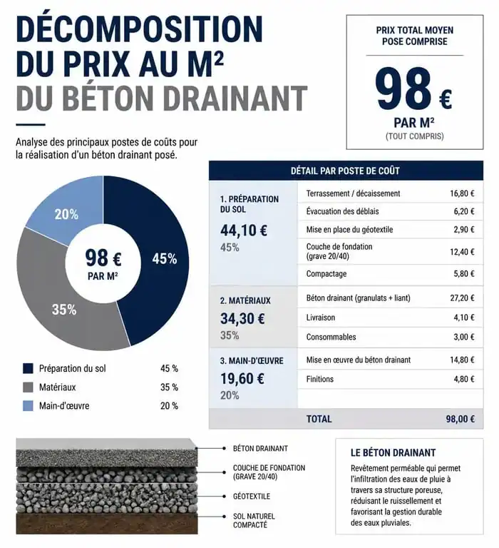 Infographie prix béton drainant au m2 : décomposition des coûts pour un projet d'aménagement extérieur