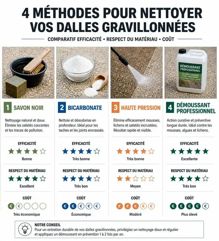 Infographie comparative des méthodes pour nettoyer des dalles gravillonnées noircies
