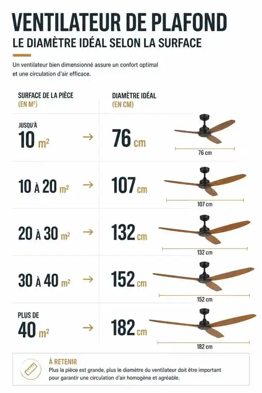 Infographie des recommandations de diamètre de ventilateur de plafond selon la surface de la pièce pour un ventilateur plafond avis