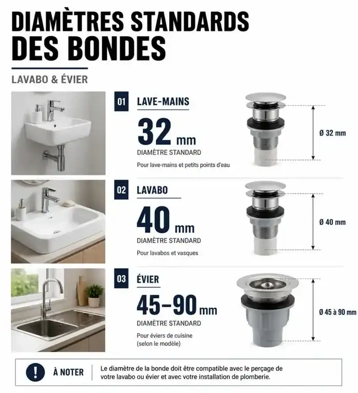 Infographie des diamètres standards pour bouchon de lavabo et évier